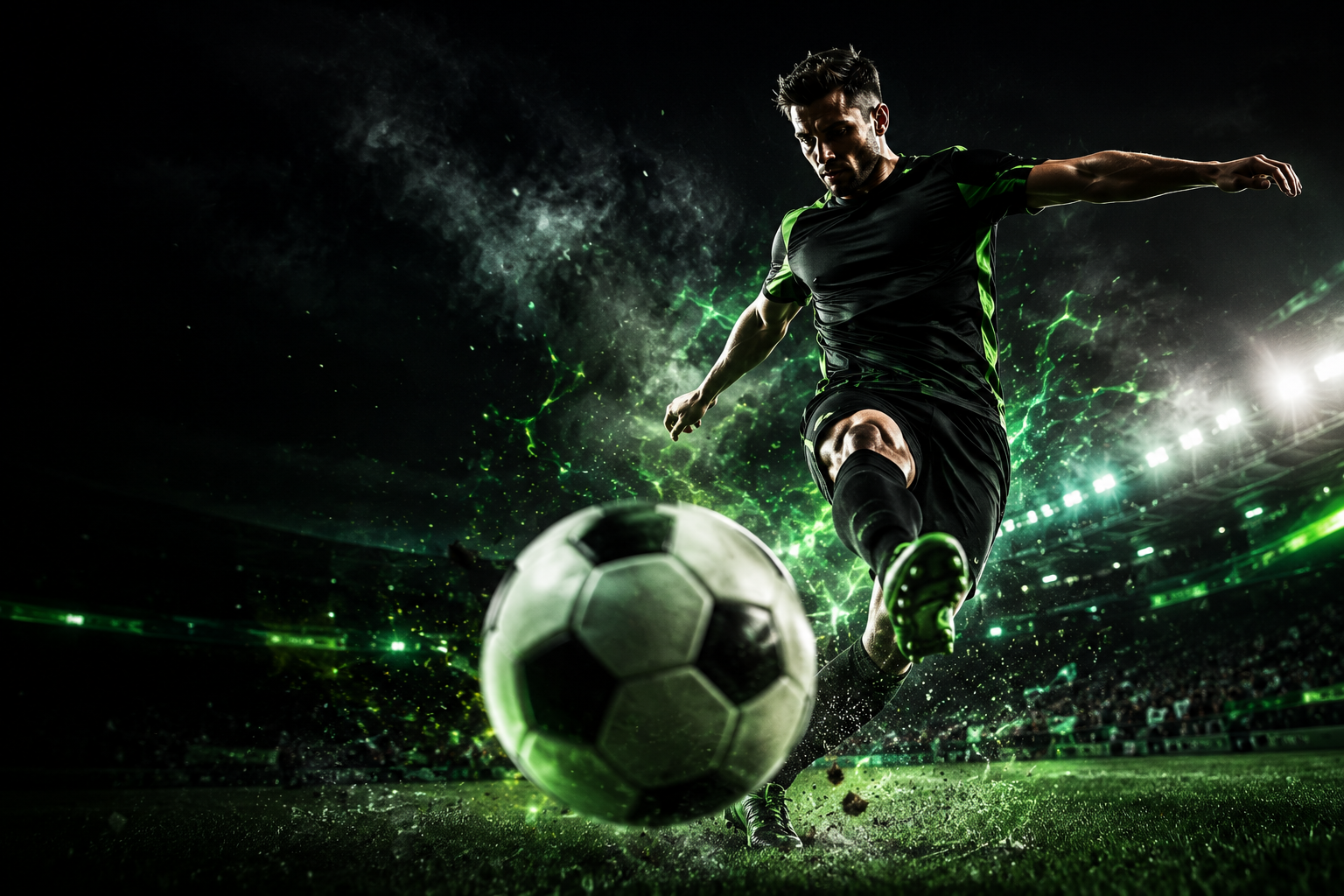 Sahada topa güçlü vuruş yapan futbolcu